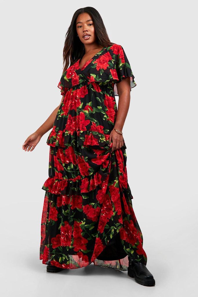 Womens Plus Rose Print Ed Ruffle Angel Sleeve Maxi Dress - Black - 16, Black