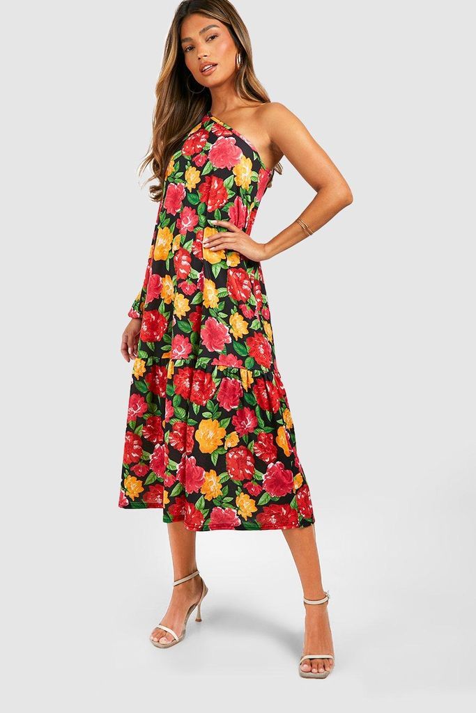 Womens Bold Floral Asymmetric Midi Smock Dress - Multi - 8, Multi