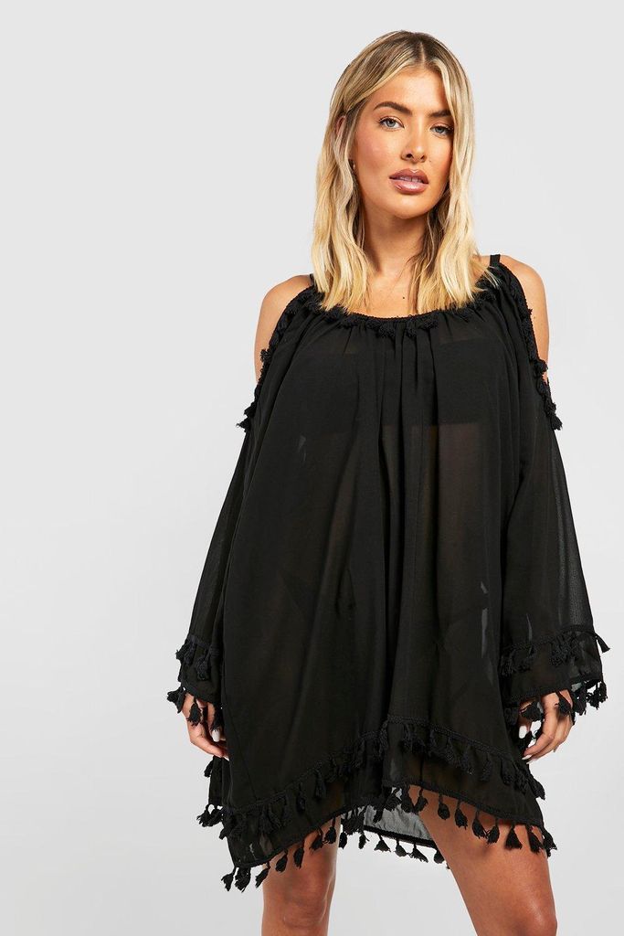 Womens Chiffon Tassel Beach Dress - Black - S, Black