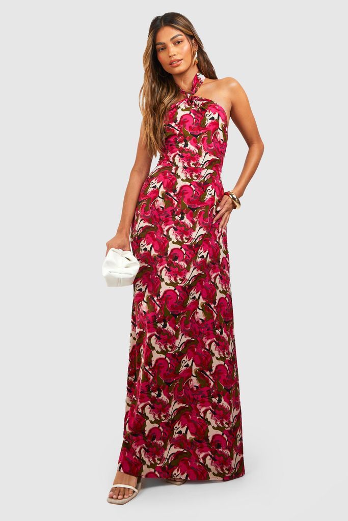 Womens Halter Neck Floral Maxi Dress - Pink - 8, Pink