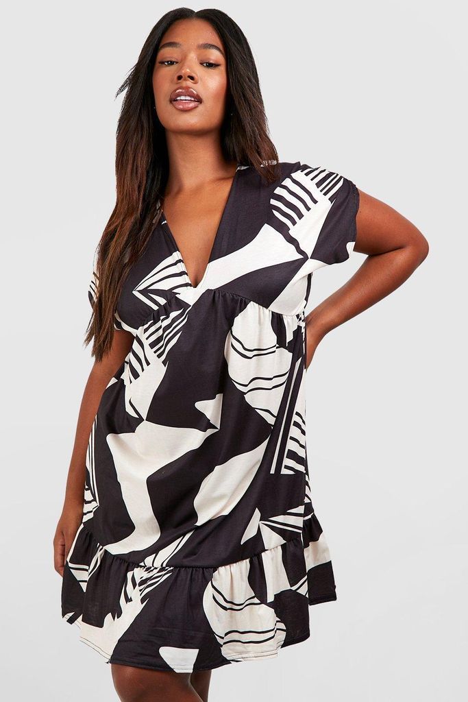 Womens Plus Abstract Printed Jersey Smock Dress - Black - 16, Black