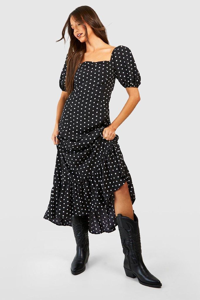 Womens Polka Dot Puff Sleeve Midaxi Dress - Black - 8, Black