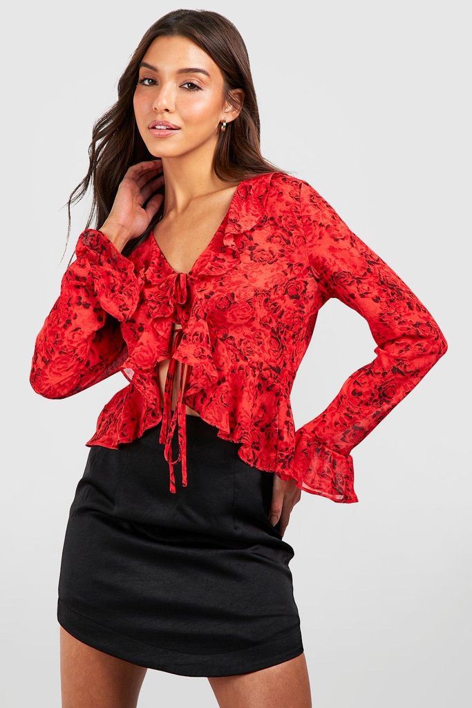 Womens Rose Ruffle Tie Front Blouse - Red - 6, Red