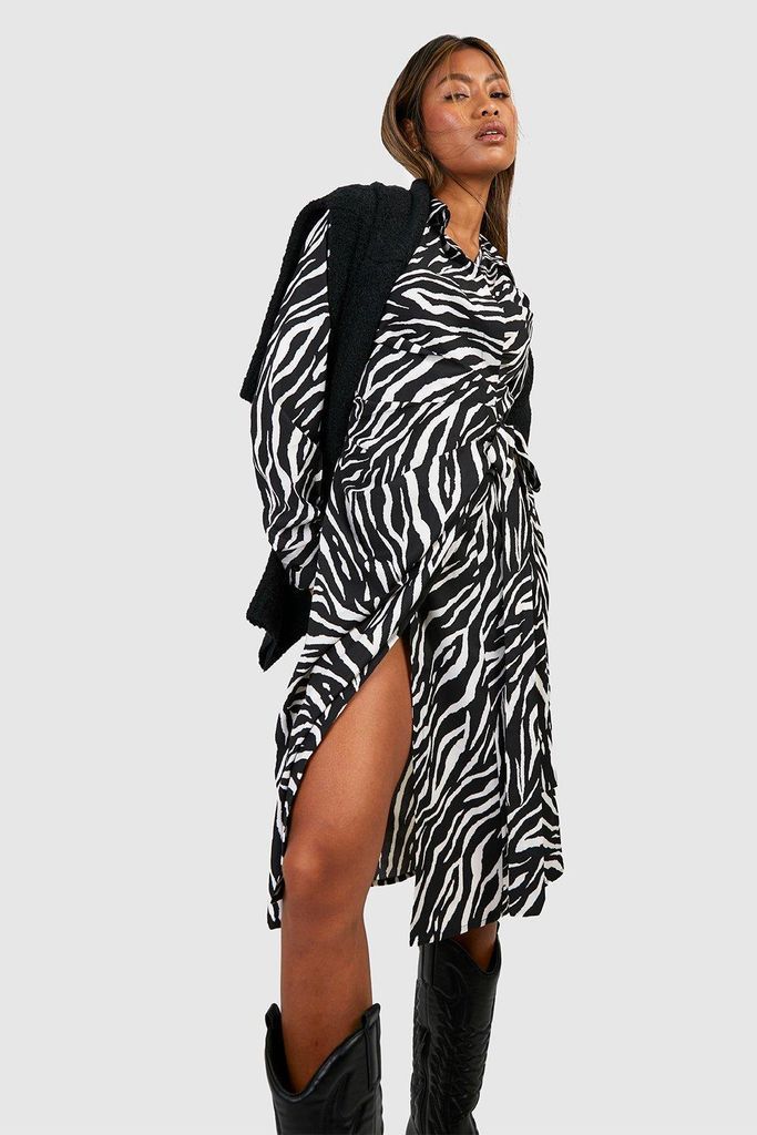 Womens Zebra Printed Midi Wrap Shirt Dress - Black - 8, Black