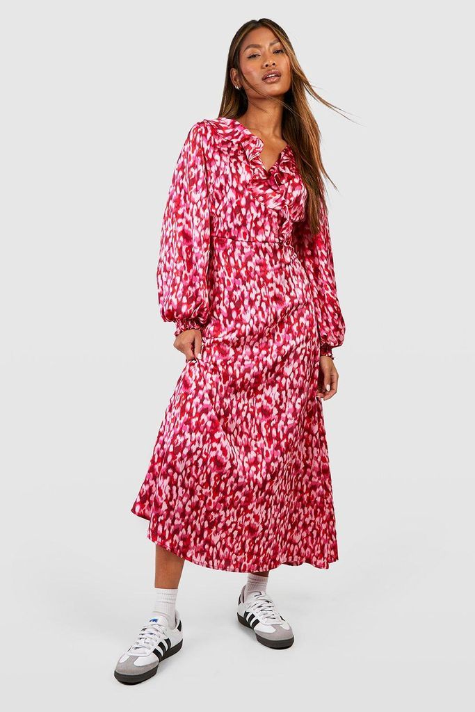 Womens Abstract Print Ruffle Flounce Midaxi Dress - Pink - 8, Pink