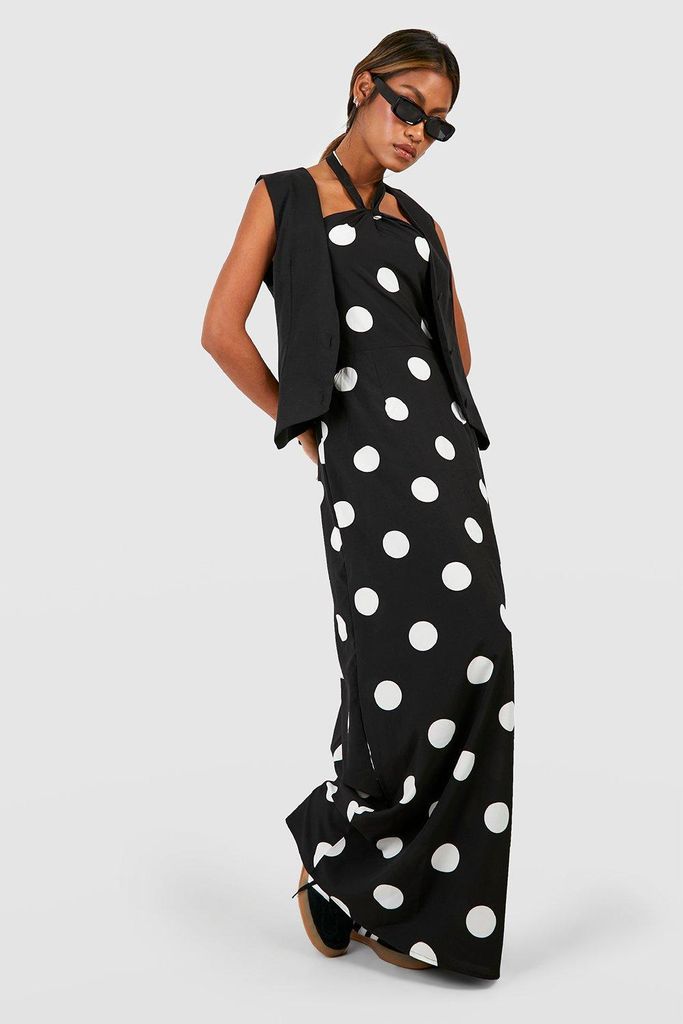 Womens Polka Dot Maxi Dress - Black - 8, Black