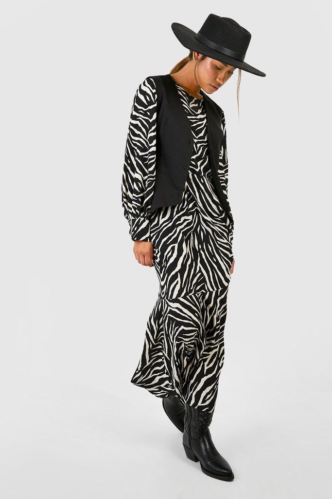 Womens Ruffle Hem Zebra Midaxi Smock Dress - Black - 8, Black