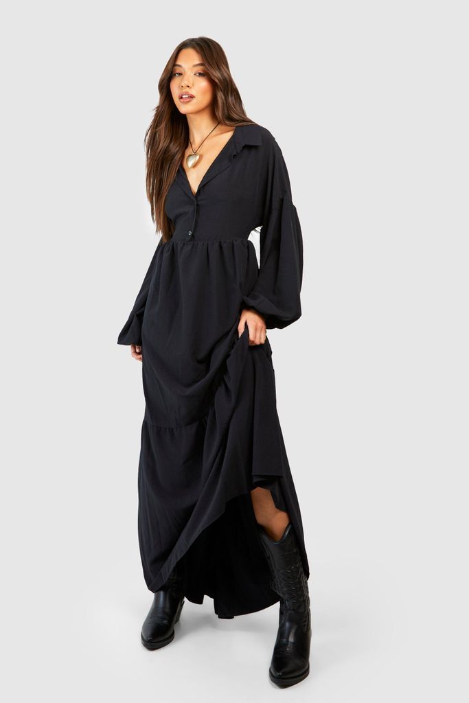 Womens Oversized Tiered Maxi Shirt Dress - Black - 8, Black