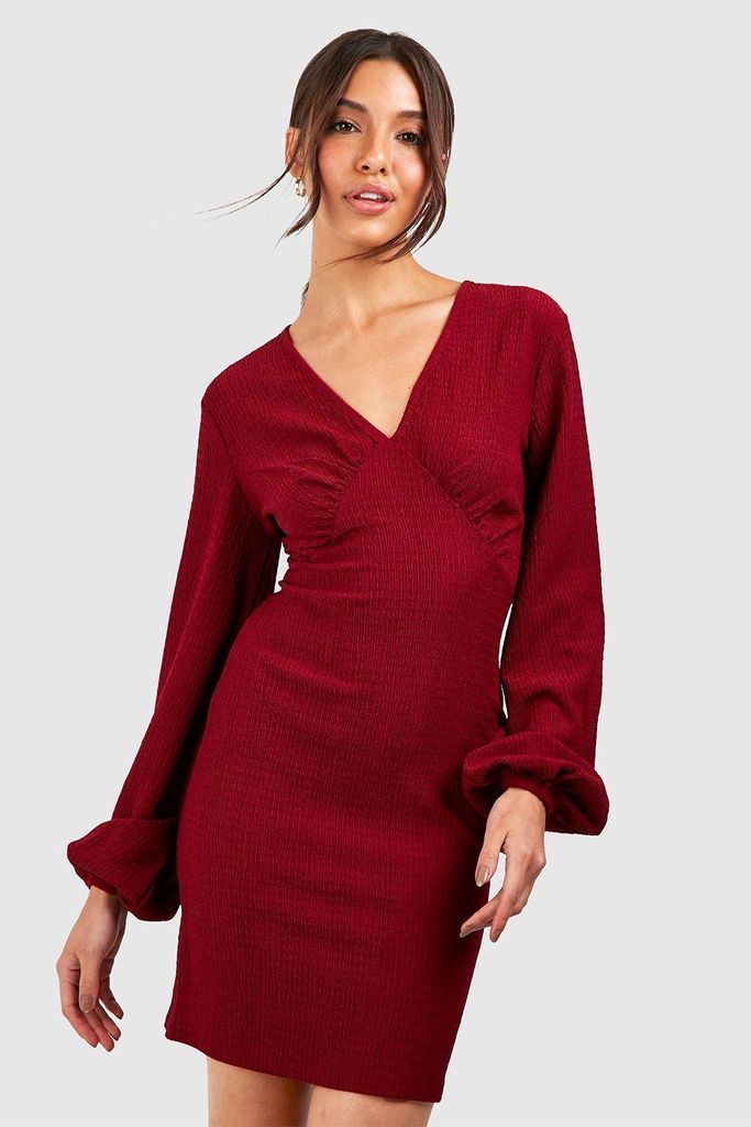 Womens Textured Blouson Sleeve Mini Dress - 8, Red