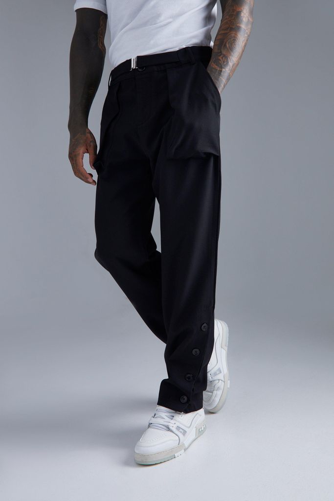 Men's Straight Leg Button Detail Trousers - Black - 30, Black