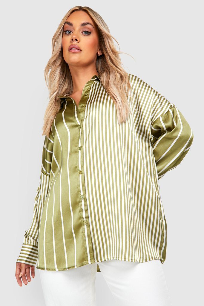 Womens Plus Mixed Stripe Satin Shirt - Green - 16, Green