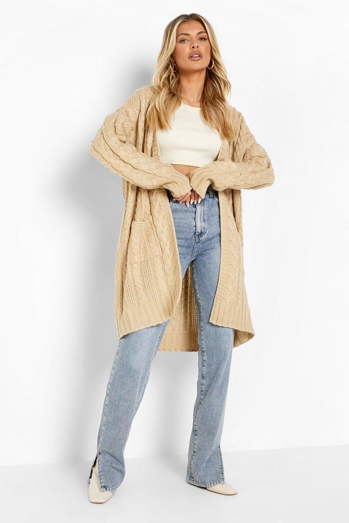 Womens Oversized Slouchy Cable Knit Cardigan - Beige - S/M, Beige
