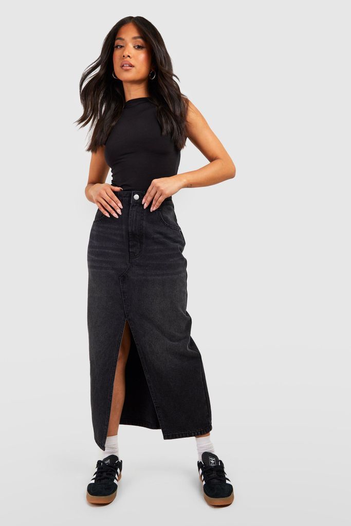 Womens Petite Split Front Denim Maxi Skirt - Black - 8, Black
