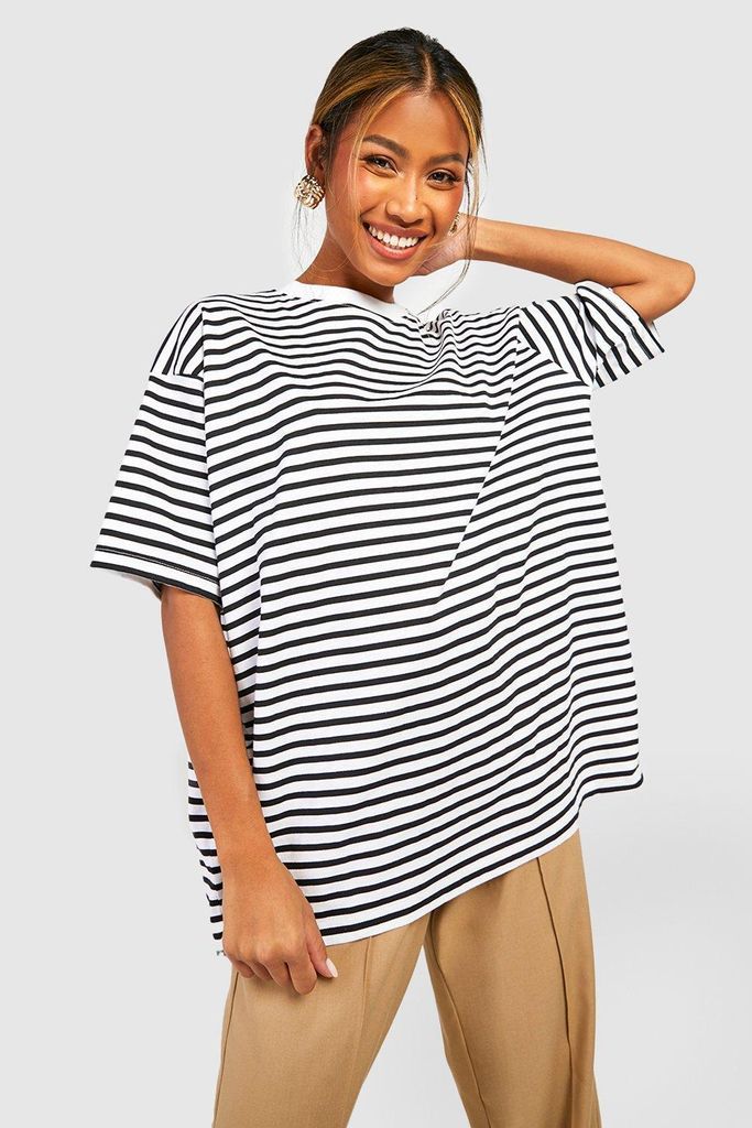 Womens Basic Cotton Oversized Striped T-Shirt - White - 6, White