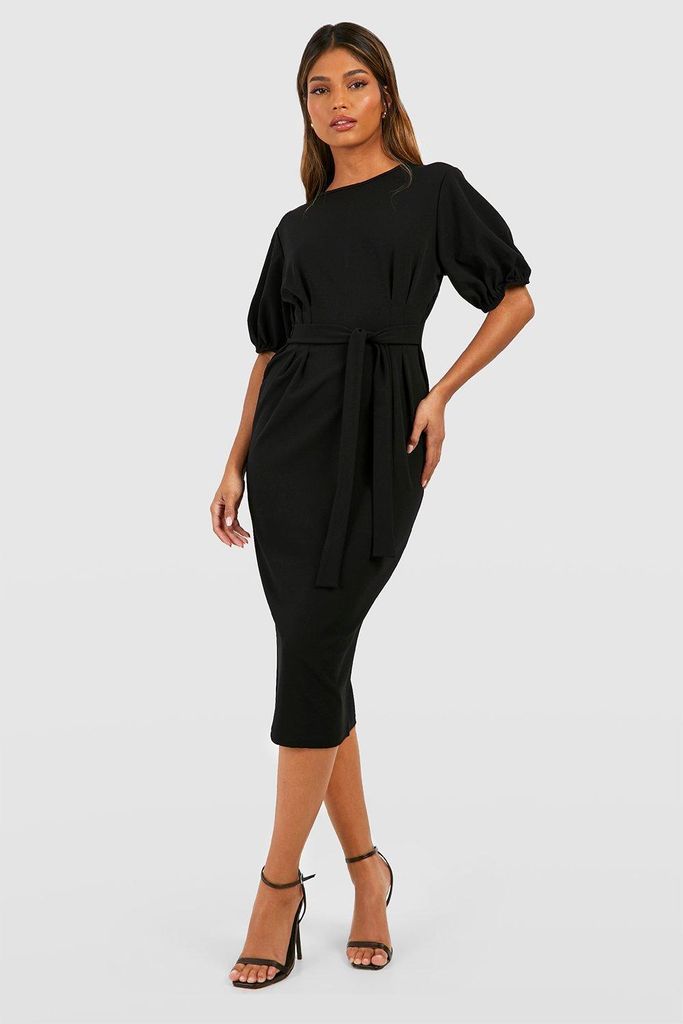 Womens Crepe Pleat Front Puff Sleeve Belted Midaxi Dress - Black - 6, Black
