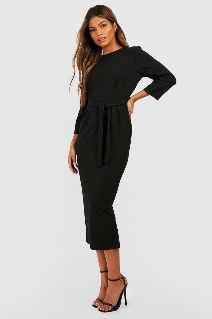 Womens Crepe Pleat Front 3/4 Sleeve Belted Midaxi Dress - Black - 6, Black