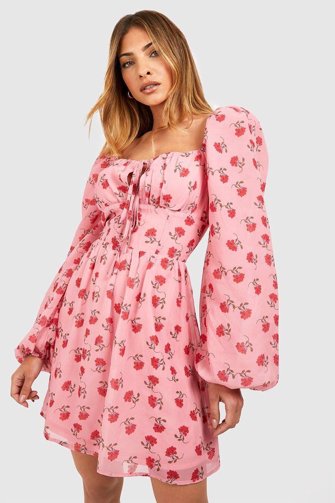 Womens Ditsy Rouched Bust Mini Milkmaid Dress - Pink - 8, Pink