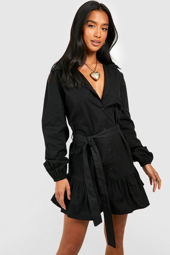 Womens Petite Cotton Ruffle Hem Belted Shirt Dress - Black - 8, Black