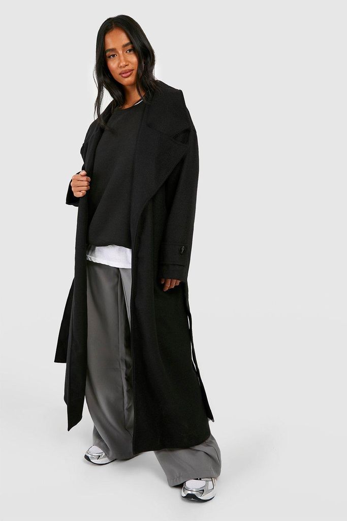 Womens Petite Oversized Wool Look Longline Belted Trench Coat - Black - 6, Black