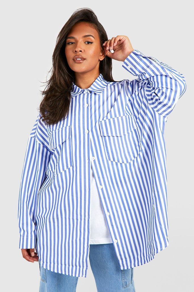 Womens Plus Oversized Stripe Utility Shirt - Navy - 16, Navy