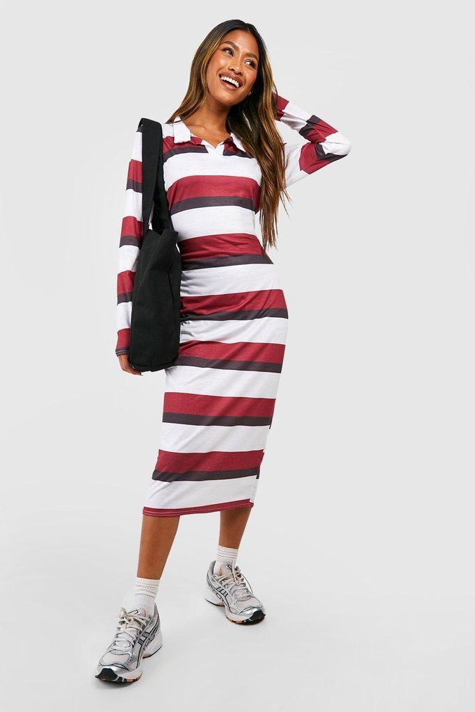 Womens Striped Rugby Collar Midi Dress - Red - 8, Red