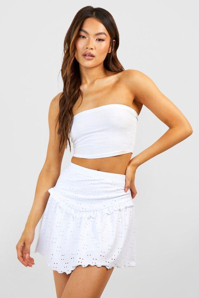 Womens Broderie Drop Hem Mini Skirt - White - 12, White
