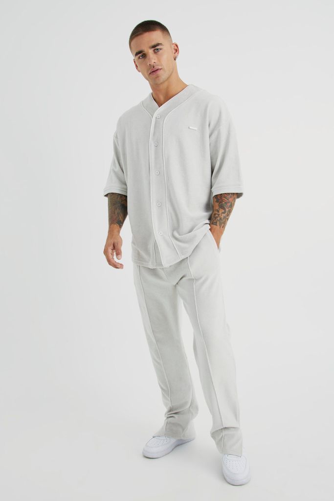 Men's Oversized Premium Towelling Baseball T-Shirt Tracksuit - Grey - S, Grey