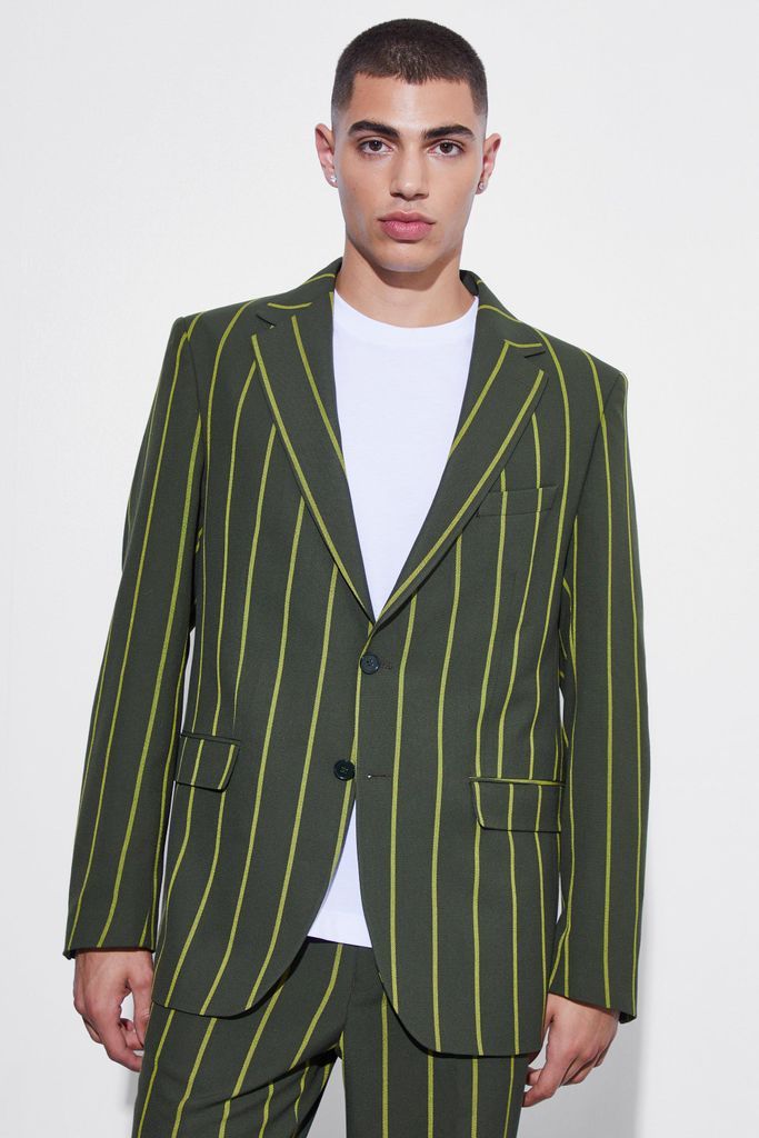 Men's Relaxed Single Breasted Wide Stripe Suit Jacket - Green - 34, Green