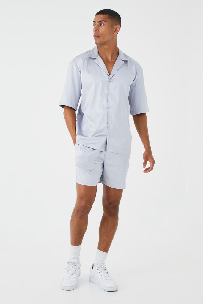 Men's Short Sleeve Dropped Revere Satin Shirt & Short - Grey - S, Grey