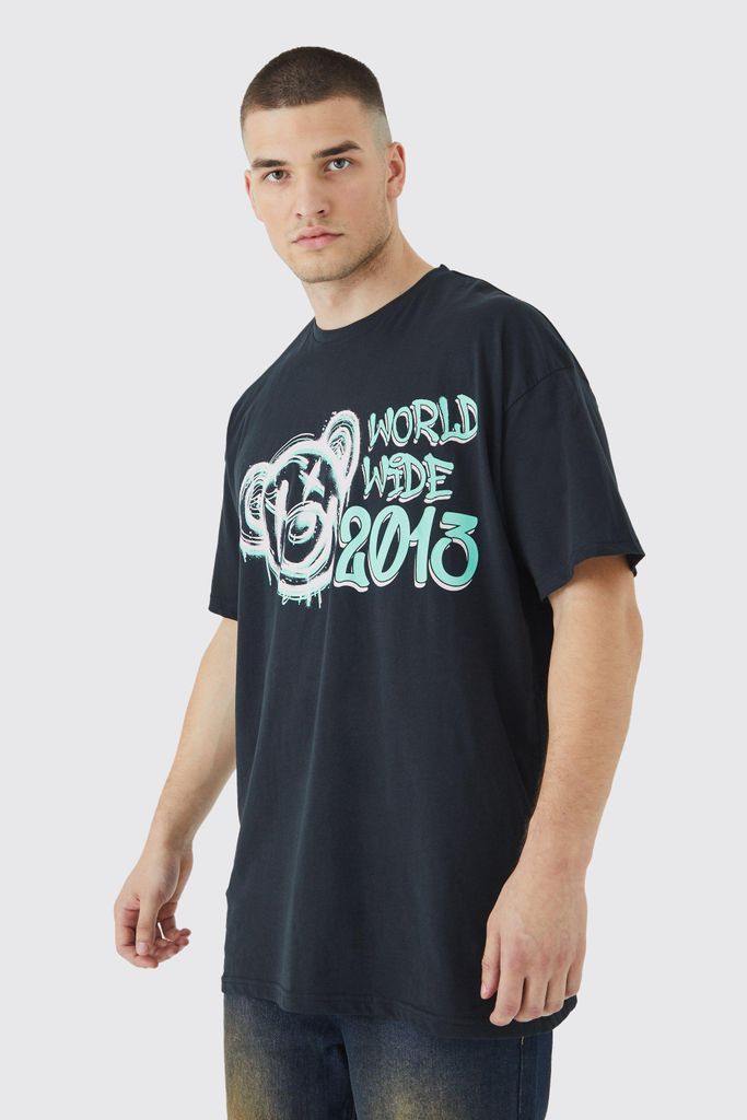 Men's Tall Oversized Worldwide Teddy Graphic T-Shirt - Black - S, Black