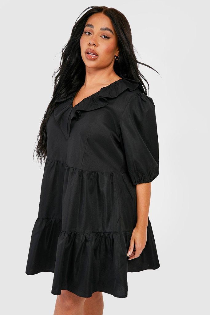 Womens Plus Frill Detail Tiered Smock Dress - Black - 18, Black