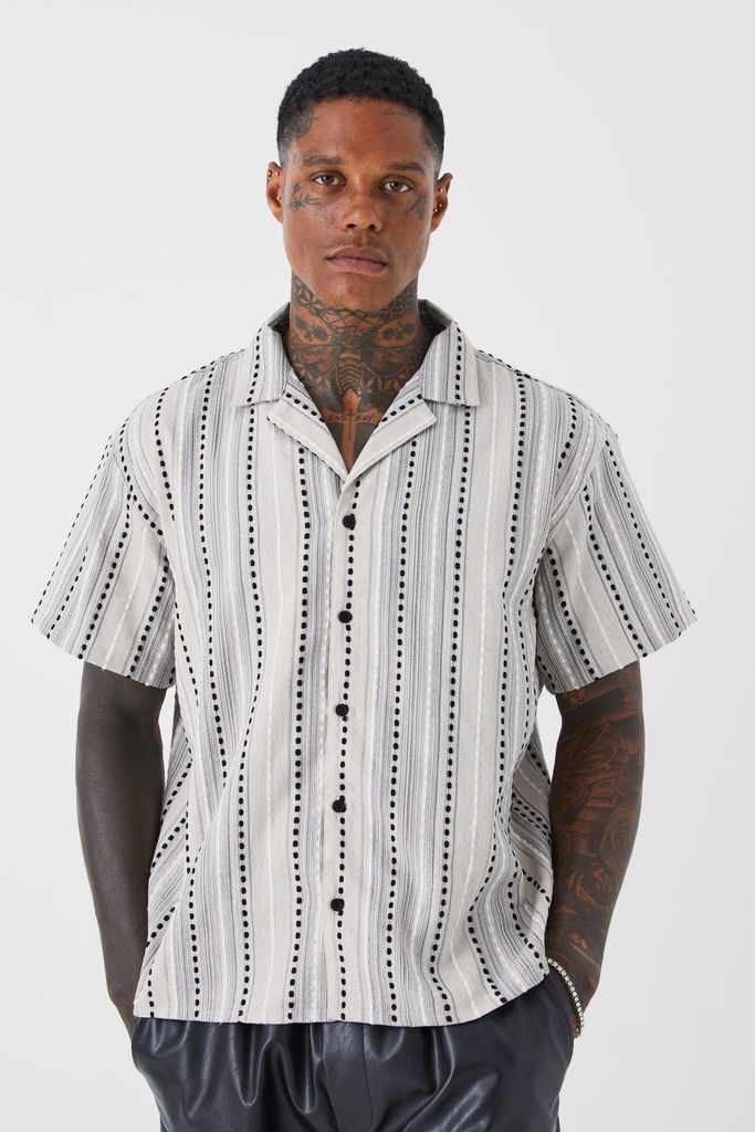 Men's Short Sleeve Boxy Woven Textured Stripe Shirt - Cream - S, Cream