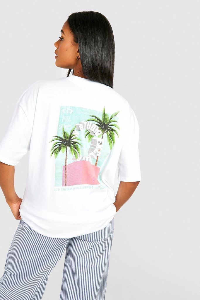 Womens Palm Tree Dsgn Studio Back Printed Oversized T-Shirt - White - L, White