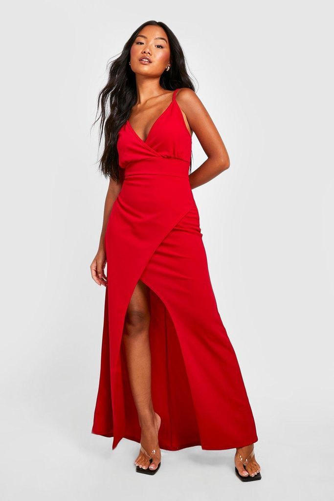 Womens Petite Wrap Front Split Leg Scuba Maxi Dress - Red - 4, Red
