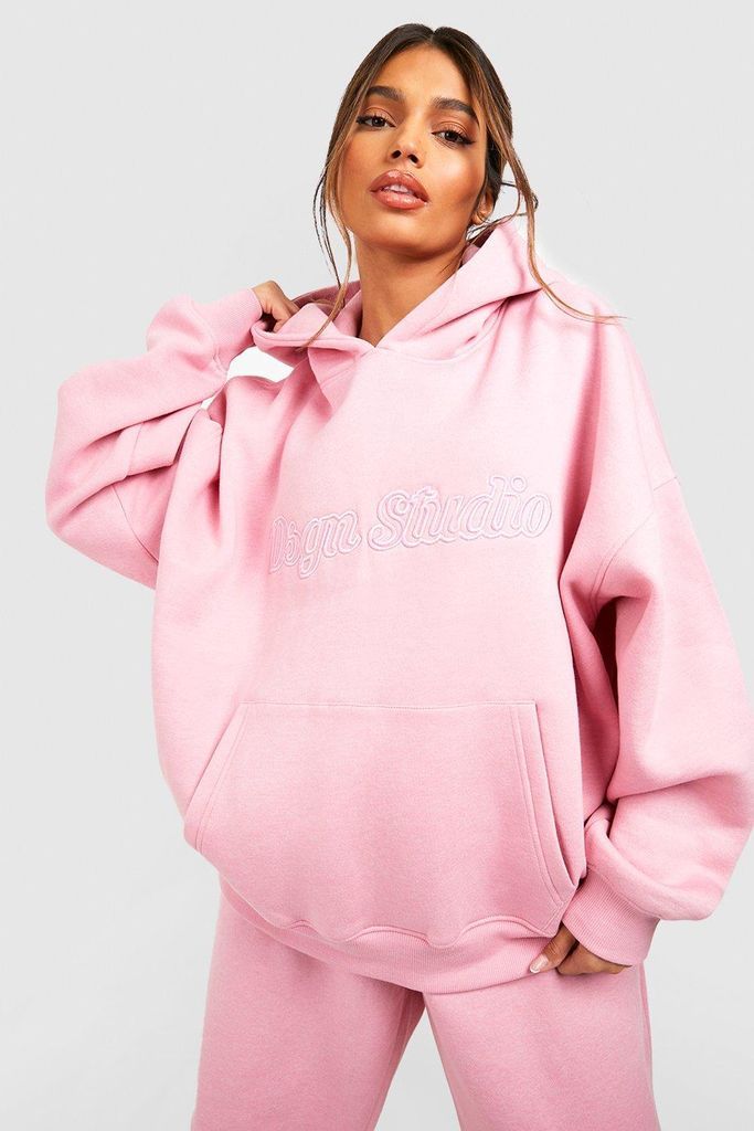 Womens Dsgn Studio Slogan 3D Tonal Embroidered Oversized Hoodie - Pink - S, Pink