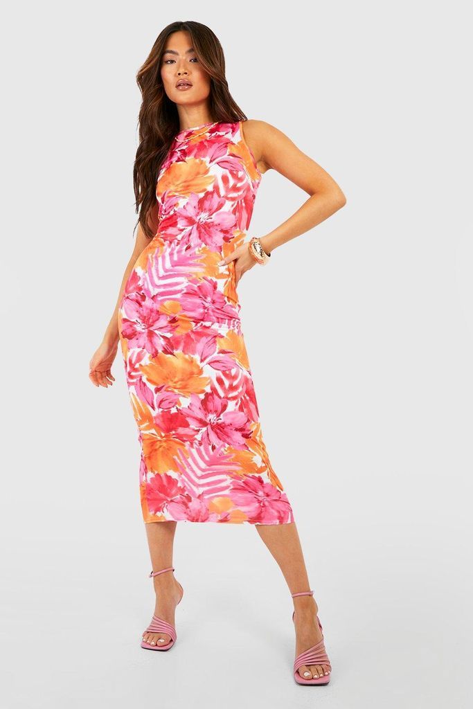 Womens Abstract Floral Racer Neck Midaxi Dress - Pink - 10, Pink