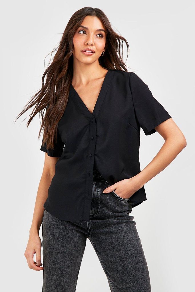 Womens Short Sleeve Button Through Blouse - Black - 6, Black