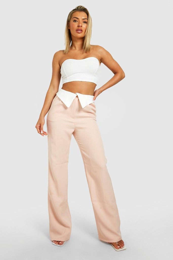 Womens Folded Waist Tailored Straight Fit Trousers - Pink - 8, Pink