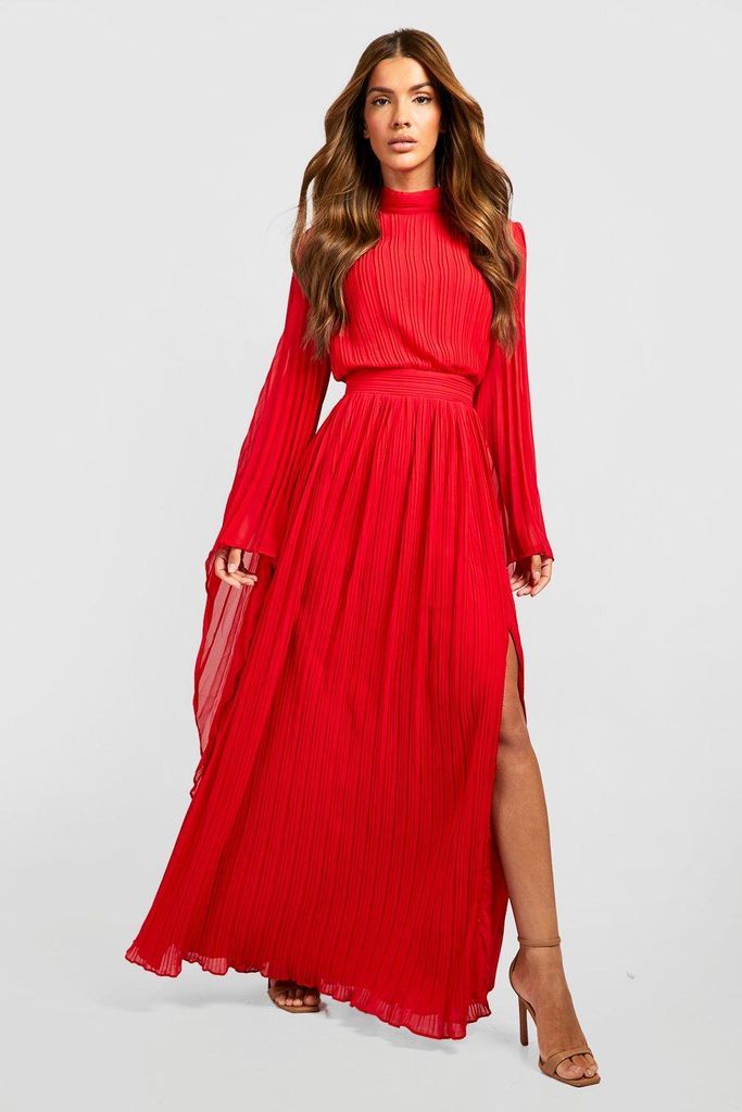 Womens High Neck Pleated Chiffon Maxi Dress - Red - 12, Red