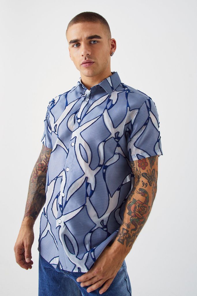 Men's Short Sleeve Sheer Abstract Smart Shirt - Blue - S, Blue