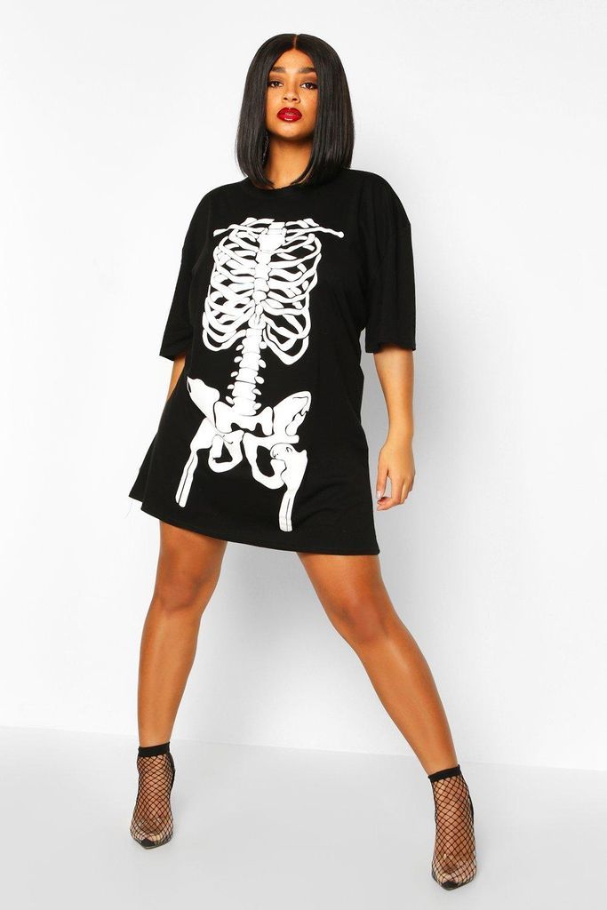 Womens Plus Halloween Skeleton Print T-Shirt Dress - Black - 16, Black