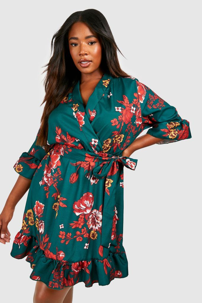 Womens Plus Floral Wrap Belted Dress - Green - 28, Green