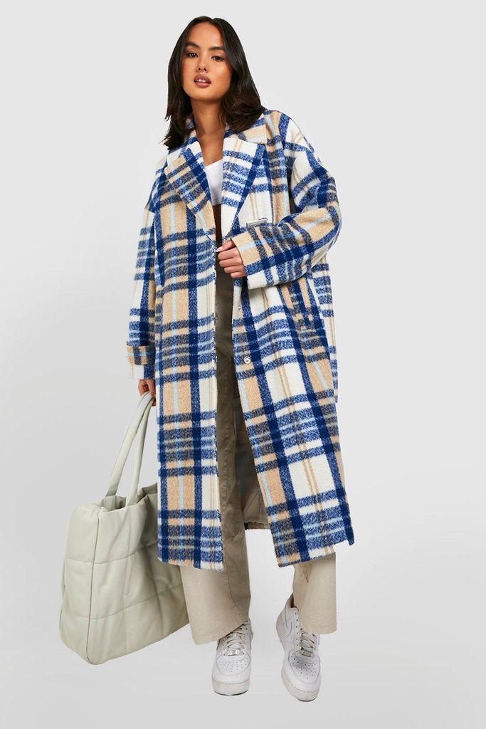 Womens Oversized Check Wool Look Coat - Blue - 8, Blue
