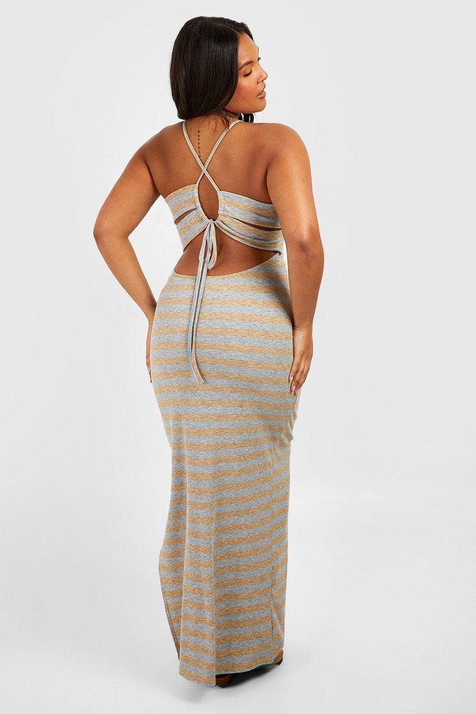 Womens Plus Rib Stripe Twist Back Detail Maxi Dress - Grey - 28, Grey