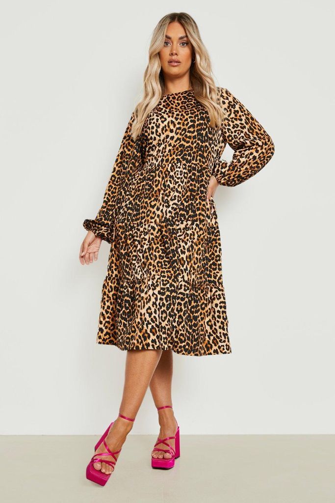 Womens Plus Leopard Print Tiered Midi Dress - Multi - 16, Multi