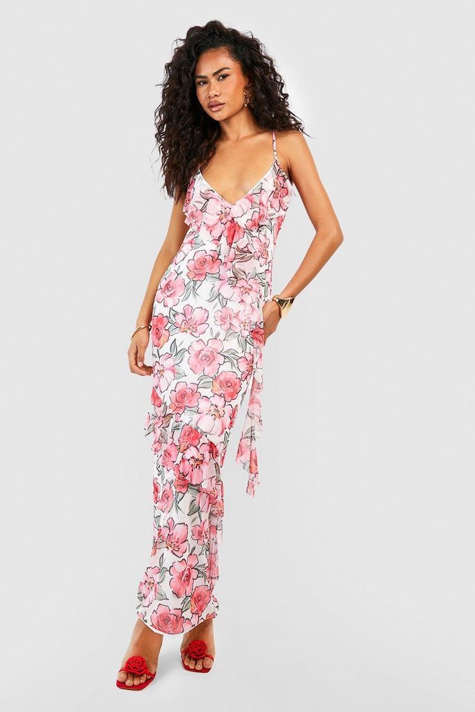 Womens Mesh Floral Ruffle Maxi Dress - Pink - 10, Pink
