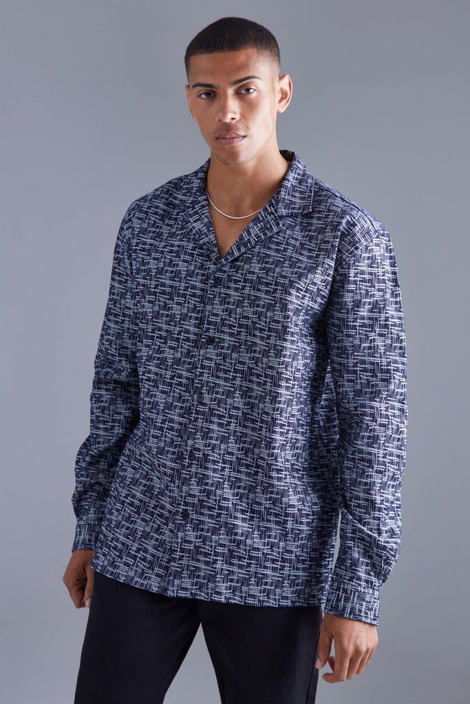 Men's Long Sleeve Oversized Denim Look Textured Shirt - Navy - S, Navy