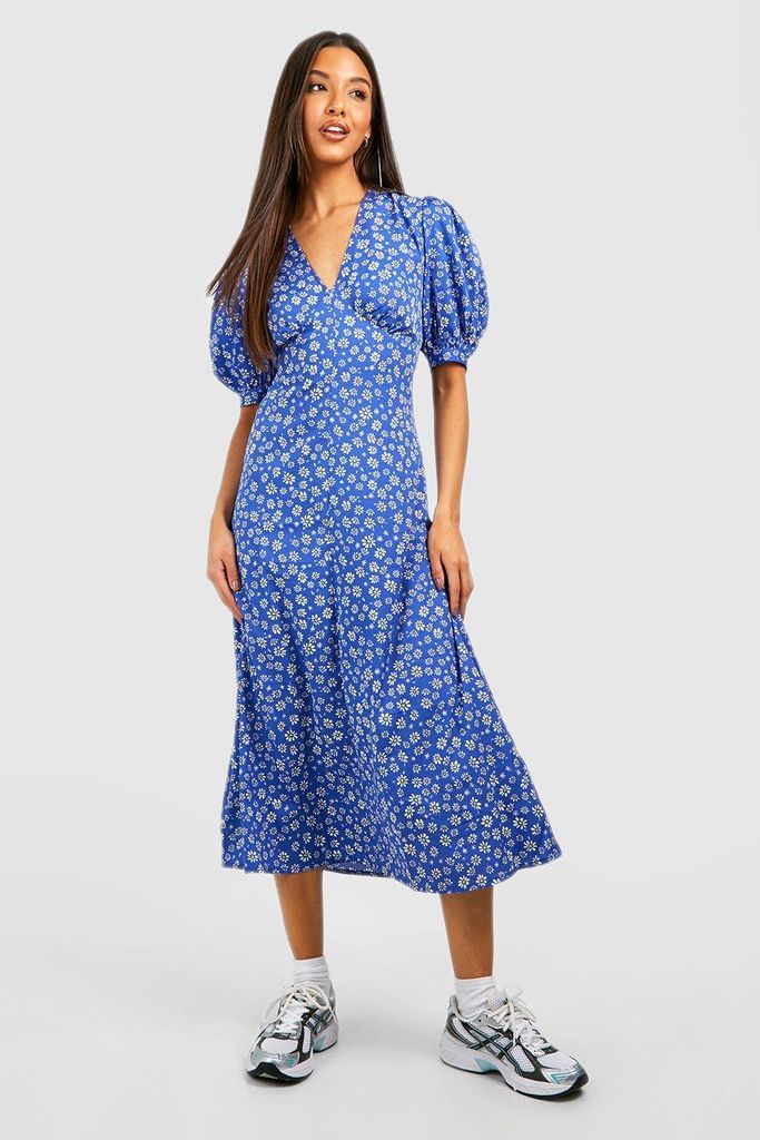 Womens Ditsy Floral Puff Sleeve Smock Dress - Blue - 8, Blue