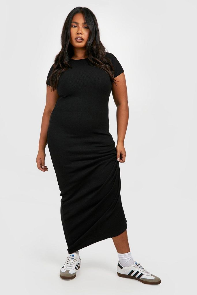 Womens Plus Rib Cap Sleeve Maxi Dress - Black - 16, Black