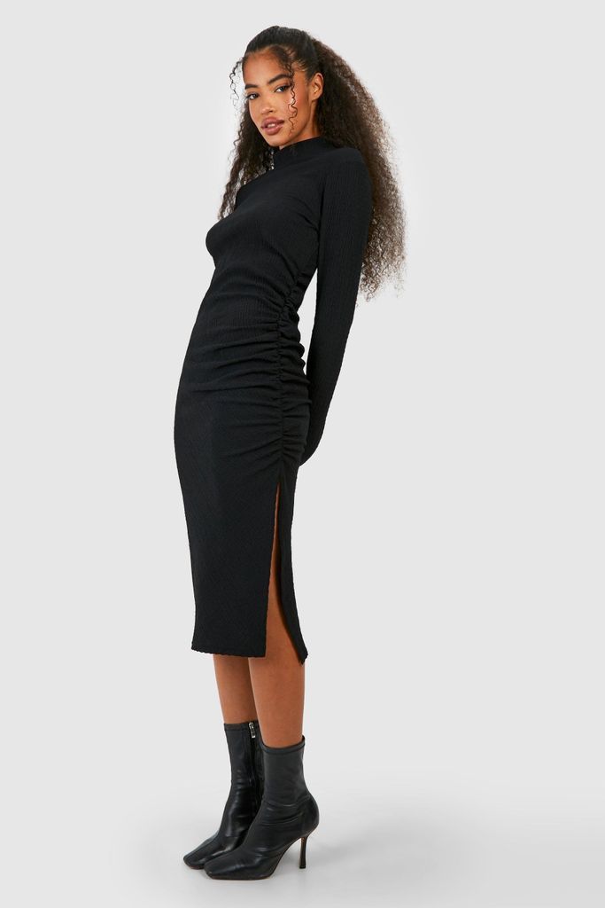 Womens Textured Rouched High Neck Midi Dress - Black - 8, Black